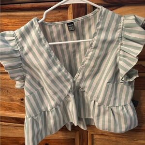SHEIN Mint Striped Ruffle Blouse